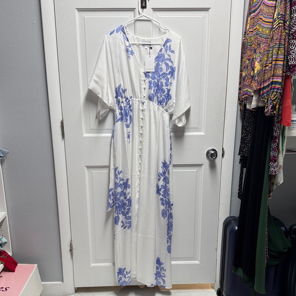 Sugarlips White and Blue Floral Maxi Dress